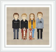 a cross stitch pattern with three people and a dog in front of the image is shown