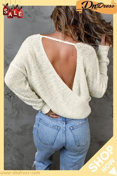 Beige V Neck Wrap Backless Knit Sweater Backless Sweater, Classic Sweater, Neck Wrap, Beige Sweater, Kids Hairstyles, High Waist Jeans, Knit Sweater, Casual Looks, Knit Fabric