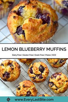 blueberry muffins on a cooling rack with the words dairy - free lemon blueberry muffins