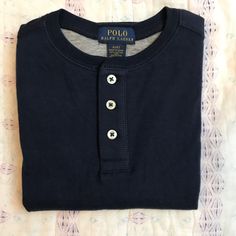 Dark Blue, Three Button Henley By Polo Ralph Lauren. Super Soft 60% Cotton/40% Poly Blend. Lined W/Grey Inside. Nwt. 4t. Navy Cotton Tops With Button Closure, Classic Navy Tops With Button Closure, Classic Navy Top With Button Closure, Navy Long Sleeve Tops With Buttons, Navy Cotton Top With Placket, Blue T-shirt With Button Closure And Crew Neck, Blue Crew Neck Shirt With Button Closure, Navy Button-up Top With Buttons, Blue Crew Neck T-shirt With Buttons