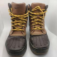 Nike ACG Woodside Duck Boots Hiking Rain Snow Youth Size 5.5Y 415077-200   Color: Brown, Black   Size: 5.5y   Features: ·       High top ·       Laces ·       Waterproof     Condition: These boots have lots of life left! Please see photos for visual inspection 😊 Check out my Ebay store for more great apparel here: https://www.ebay.com/usr/bethechangesellers We update daily! Shipping/Combine Shipping: Save money with our combined shipping deals.  Just be sure to let us know what items you are bi Nike Boots With Branded Insole And Round Toe, Nike Boots With Rubber Sole And Round Toe, Nike Outdoor Boots, Nike Brown Low-top Boots, Brown Low-top Nike Boots, Casual Nike Hiking Boots, Nike Casual Waterproof Boots With Round Toe, Nike Leather Sneakers For Outdoor Work, Nike Work Boots With Round Toe