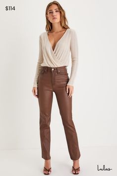 You can always rely on the Daze Denim Sundaze Brown Coated Vegan Leather High-Rise Straight-Leg Pants to make you look like your hottest self! Coated vegan leather shapes these totally trendy pants that feature a high-rise waist, belt loops, a classic five-pocket cut, and a branded top button above a hidden zip fly. Straight pant legs end at ankle-length hems. Style with a cute crop top and some strappy high heels for a casual yet irresistible going-out look! Fit: This garment fits true to size. Brown Vegan Leather Pants Outfit, Updated Outfits, Winter Pants Women, Brown Leather Pants Outfit, Brown Leather Pants, Leather Pants Outfit, Casual Formal Dresses, Mom Bod, Trendy Pants