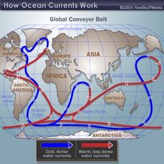 the map shows how ocean currents work in different directions, including earth's oceans