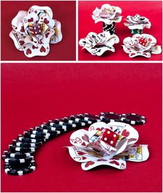 four different images of playing cards and dices on a red background with black and white checkered border