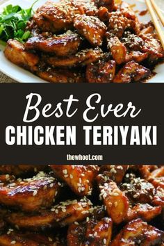 the best ever chicken teriyaki recipe on a white plate with chopsticks