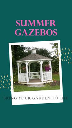 a white gazebo sitting on top of a lush green field