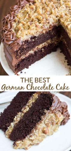 the best german chocolate cake is cut in half and served on a plate with one slice taken out