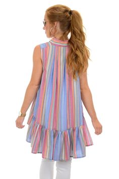 Casual Cotton Dress With Vertical Stripes, Striped Dresses With Ruffles For Day Out, Striped Ruffled Dress For Day Out, Cotton Dress With Vertical Stripes For Day Out, Striped Ruffle Dress For Day Out, Striped Cotton Bohemian Dress, Casual Multicolor Dress With Vertical Stripes, Striped Dress With Ruffle Hem For Vacation, Casual Multicolor Dresses With Vertical Stripes