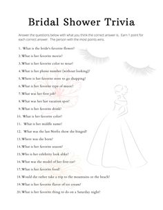 the bridal shower trivia is shown in black and white, with an image of a