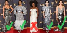 four women in silver dresses on the red carpet at an awards event with green arrows pointing towards them