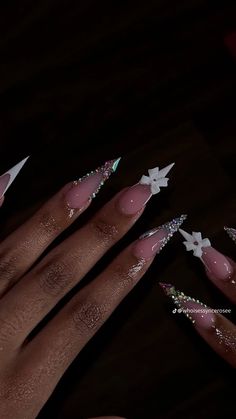 Rauw Alejandro Nail Ideas, Rare Nails Designs, Senior Portraits Nails, Blinged Out Stiletto Nails, Slight Duck Nails, Stiletto Junk Nails, Cute Birthday Nails Acrylic, 19 Birthday Nails, Birthday Nails Bling