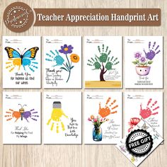 teacher appreciation handprint art printables with flowers, butterflies and hands on them