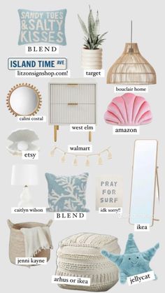 a bunch of different items that are on the wall in front of a mirror and lamp