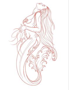 a drawing of a mermaid sitting on top of a wave with her tail curled up