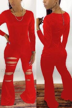 Olivia Mark - Premium Long-Sleeved O-Neck Jumpsuit with Striking Red Fashion Highlights Solid Jumpsuit, Jumpsuit Online, Plus Size Jumpsuit, Long Sleeve Jumpsuit, Long Jumpsuits, Cut Out Design, Red Fashion, Wholesale Fashion, Olivia Mark