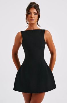 The ultimate LBD, Alana is made in our premium crepe fabric with a flirty bubble shape skirt which is super voluminous. The high neck design is finished with seam details and a scoop back. Pair with sleek waves and tonal mule heels. Sleek Waves, Lingerie Heels, Mule Heels, High Neck Designs, Stretch Crepe, Crepe Fabric, Slim Waist, Mini Black Dress, Neck Designs