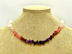 Ombré gemstone necklace. Gradient lavender choker. Beaded amethyst crystals gemstone necklace. This beautiful necklace is made from 4-8 mm gemstone chips. We purposely do not add to this crystal necklace any additional beads, such as metal or plastic. This is meant to keep the gemstone crystals in their purest state and bring you the maximum strength of the crystal healing property and vibration you need. This gemstone choker makes you feel amazing! It is made from 24 different beautiful gemston Healing Crystals Necklace, Beaded Crystal Necklace, Crystal Necklace Healing, Crystals Necklace, Gemstone Choker, Crystals Healing Properties, Amethyst Crystals, Beautiful Necklace, Healing Crystals