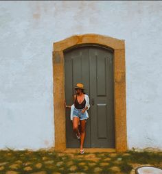 a woman standing in front of a door with her legs crossed and wearing a hat