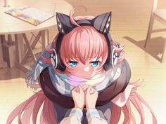 an anime character sitting in front of a table with headphones on her ears and looking at the camera