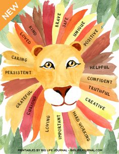 a watercolor drawing of a lion's head with words on it