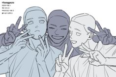 three people with their fingers in the air and one person making peace signs behind them