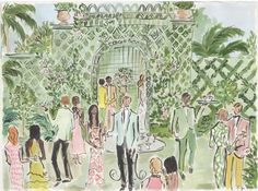 a drawing of people standing around in a garden