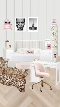 the bedroom is decorated in pink, white and cheetah print with an animal print rug on the floor