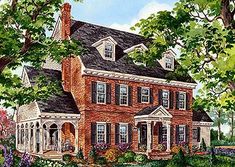 a painting of a red brick house surrounded by trees and flowers on a sunny day