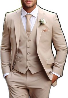 Beige Notch Lapel Groom Suit Set, Beige Notch Lapel Tuxedo For Wedding, Wedding Three-piece Suit With Single Button, Fitted Three-piece Wedding Suit With Single Button, Fitted Three-piece Suit With Single Button For Wedding, Beige Notch Lapel Three-piece Suit For Wedding, Beige Notch Lapel Three-piece Wedding Suit, Fitted Wedding Set With Single Button, Wedding Suits With Notch Lapel And Buttons