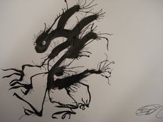 an ink drawing of a dragon on a white background