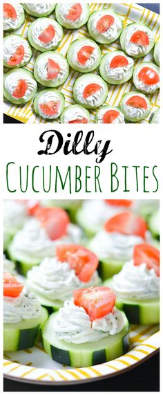 cucumber bites with cream cheese and tomato on top are the perfect appetizer for any party