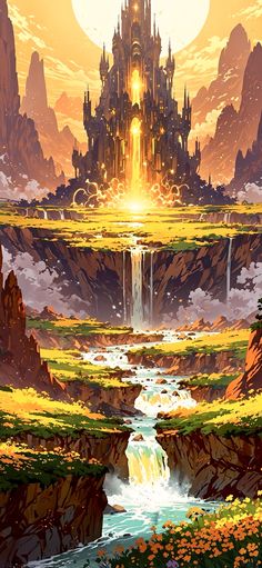 an image of a castle in the sky with waterfall and mountains around it at sunset