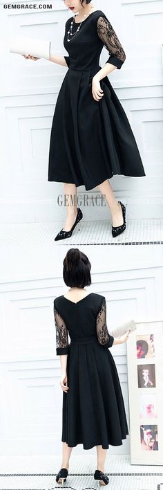 10% off now|Free shipping world-wide. Women Midi Black Semi Party Dress With Lace Sleeves at GemGrace. Click to learn our pro custom-made service for wedding dress, formal dress. View #WeddingGuestDresses for more ideas. Dress With Lace Sleeves, Best Wedding Guest Dresses, For Wedding Dress, Semi Formal Dresses, Women Midi, Online Wedding Dress, Dress Formal, Dress With Lace, 2000s Fashion