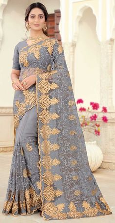 Grey Color Saree, Saree In Black, Reception Saree, Zari Work, Net Fabric, Thread Work, Grey Color, Party Wear, Gray Color