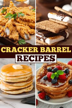 several different types of cracker barrel desserts with text overlay that says cracker barrel recipes