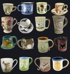 there are many different cups and saucers on this black background, each with an image of a cat