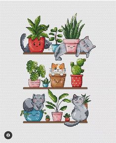 cross stitch pattern with cats and potted plants on the shelves in front of white background