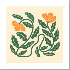 an orange and green flower on a cream background