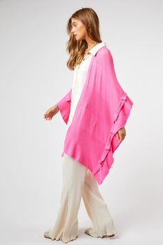 Step up your wardrobe with this candy pink Make it Right Sweater Cardigan. Boasting a kimono cardigan silhouette, detailed with ruffle sleeves and textured stripe pattern, this cardigan is sure to turn heads. Perfect for those cooler evenings out or for layering up your day-to-day style, you can count on this sweater to make a statement. 100% Polyester Want to view this on the *Live* Sizing & Styling Guide?! Watch it in the photo section above or click here! *You will need to scan through to fin Pink Ruffled Cardigan For Spring, Pink Ruffled Cardigan For Fall, Chic Pink Summer Cardigan, Elegant Pink Spring Cardigan, Casual Pink Cardigan With Ruffles, Pink Casual Cardigan With Ruffles, Casual Pink Ruffled Cardigan, Pink Oversized Open Front Cardigan, Ruffled V-neck Cardigan For Layering