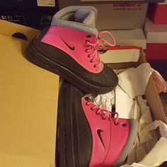 Great Condition, Worn Only Once To Match My Daughter, Practically Brand New $70 Obo Sporty Waterproof Pink Boots, Sporty Pink Waterproof Boots, Pink Casual Synthetic Boots, Pink Waterproof Sneakers With Round Toe, Pink Waterproof Low-top Sneakers, Pink Sneakers For Winter Streetwear, Pink Waterproof Lace-up Boots, Pink Round Toe Boots, Acg Nike