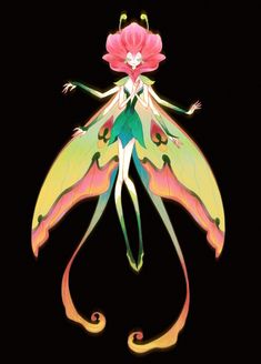 a colorful fairy with wings and flowers on her back, flying through the air in front of a black background