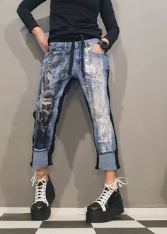 "Extravagant Denim Pants, Casual Denim Harem Pants, Painted Streetwear Pants, Loose Denim, Women Denim Harem  Extravagant designs and high quality fabrics!  Materials & Care Denim, Cotton, Elastane Hand wash at low temperatures. Do not machine dry. Do not iron. Do not dry clean!  Sizing We can make your piece from XS to 5XL! Everything in the shop can be also made according to your measures free of charge!  Shipping ✈ Ready to ship The time I need to prepare an order for shipping varies. For det Baggy Blue Jeans With Cropped Leg, Blue Baggy Cropped Jeans, Baggy Distressed Blue Jeans, Distressed Rigid Denim Blue Bottoms, Baggy Blue Recycled Denim Jeans, Blue Baggy Recycled Denim Jeans, Baggy Distressed Denim Blue Pants, Distressed Cropped Leg Denim Blue Jeans, Stretch Distressed Denim Blue Jeans