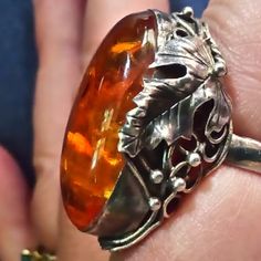 Amber Sterling Ring 8.5 Lots Of Silver Leaves And Vines On Setting. Luxury Amber Rings, Classic Amber Engraved Jewelry, Classic Engraved Amber Jewelry, Silver Leaves, Amber Jewelry, Silver Leaf, Womens Jewelry Rings, Sterling Ring, On Set