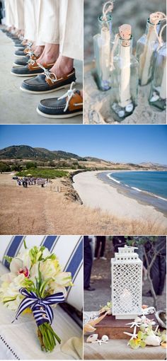 the collage shows several different shots of wedding details