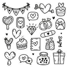 the word love is surrounded by doodled hearts, flowers and other things in black and white