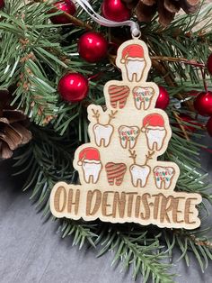 "4\" wooden hand painted dentist ornament. Oh Dentistree play on words filled with teeth in a tree shape. Perfect for your dentist or if you work in a dentists office." Dental Christmas Ornament, Dentist Christmas Tree, Dental Christmas Decor, Dentist Ornaments, Dental Office Marketing, Dental Hygienist Graduation, Dentist Christmas, Dental Christmas, Christmas Parade Floats