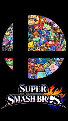 the logo for super smash bros is shown in front of a black background with colorful images