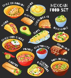 mexican food set with all the main dishes and their names in spanish on a black background