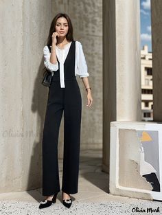 Olivia Mark - High-Waisted Wide-Leg Jumpsuit Pants in Stylish Black, offering a Loose Fit and Straight Hang for a Fashionable and Casual Look Fitted Trousers Style Jumpsuits For Workwear, Fitted Trousers Jumpsuits For Workwear, Fitted Trousers Jumpsuits And Rompers For Workwear, Spring Workwear Jumpsuits And Rompers With Long Pants, Jumpsuit Pants, Linen Overalls, Suspender Pants, Fitted Trousers, Casual Trousers