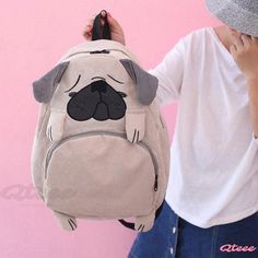 Qteee - Premium Pug Fox Animal Print Backpack Casual Backpack With Animal Design, Casual Standard Backpack With Animal Design, Casual Backpack With Animal Design For Back To School, Back To School Animal Design Backpack, Pug Cartoon, Fox Animal, Pet Fox, Cotton Style, Pug